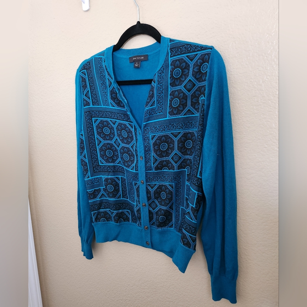 Ann Taylor Blue Mosaic Mixed Media Cardigan Sweater, Size Medium M